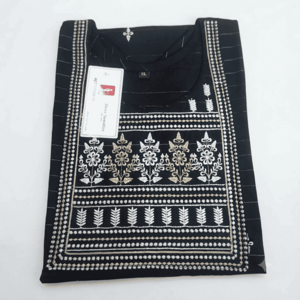 Women's Black Striped Embroidered Cotton Kurti - Size XL