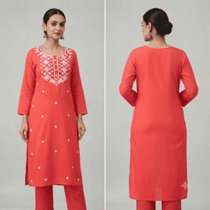 Women's Coral Pink Embroidered Cotton Kurti - Size L