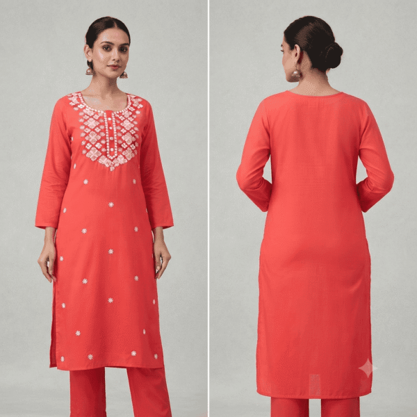 Women's Coral Pink Embroidered Cotton Kurti - Size L
