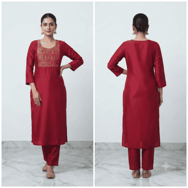 Women's Deep Maroon Mirror-Embroidered Cotton Kurti - Size XL
