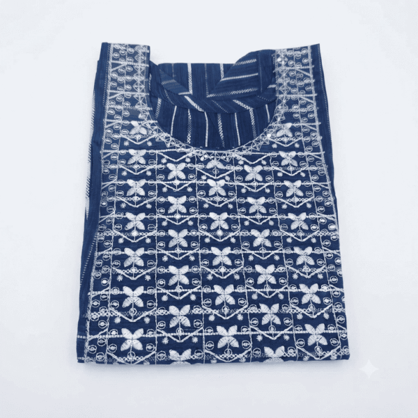 Women's Navy Blue Striped Embroidered Cotton Kurti - Size L