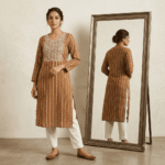 Women's Caramel Brown Striped Embroidered Cotton Kurti - Size L