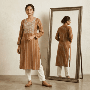 Women's Caramel Brown Striped Embroidered Cotton Kurti - Size L