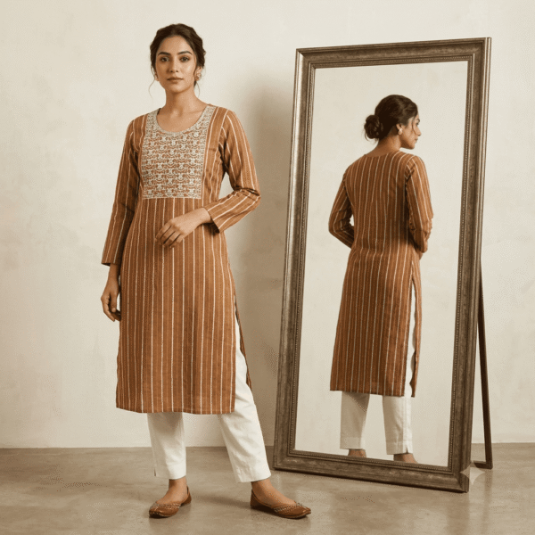 Women's Caramel Brown Striped Embroidered Cotton Kurti - Size L