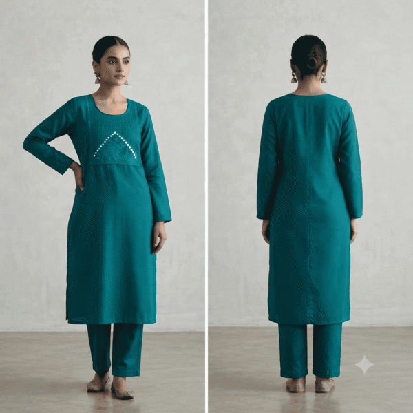 Women's Teal Blue Mirror-Accent Cotton Kurti - Size L