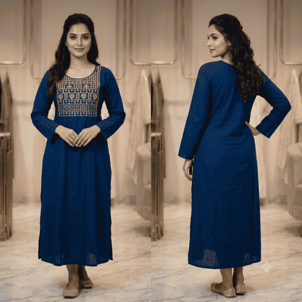 Women's Royal Blue Embroidered Cotton Kurti - Size L