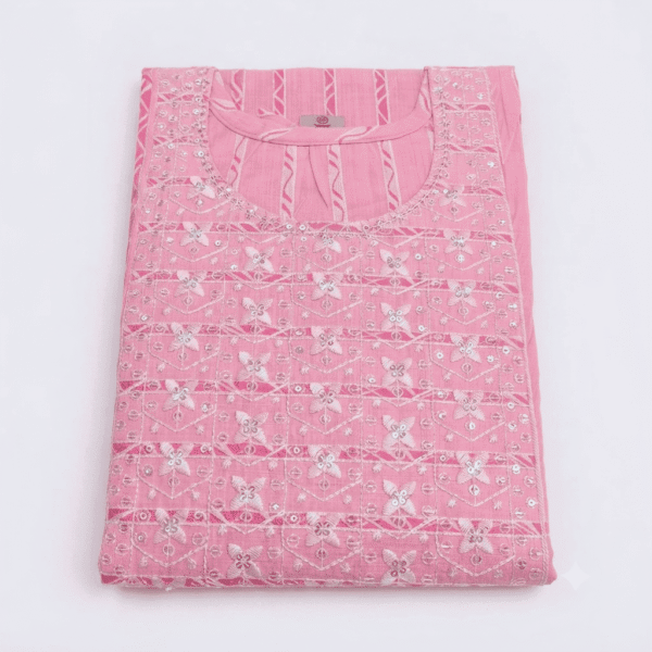 Women's Light Pink Striped Embroidered Cotton Kurti - Size L