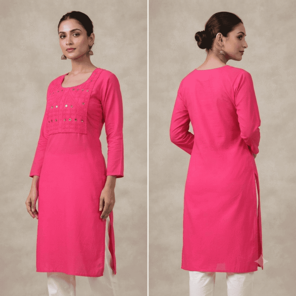 Women's Hot Pink Embroidered Cotton Kurti - Size L