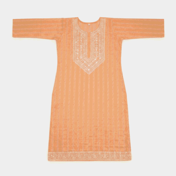 Women's Peach Striped Embroidered Cotton Kurti - Size L