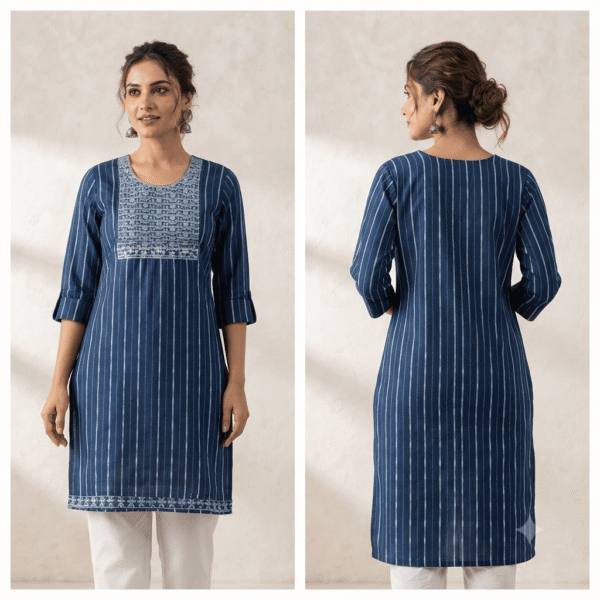 Women's Navy Blue Striped Embroidered Cotton Kurti - Size L