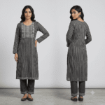 Women's Grey Striped Embroidered Cotton Kurti - Size L