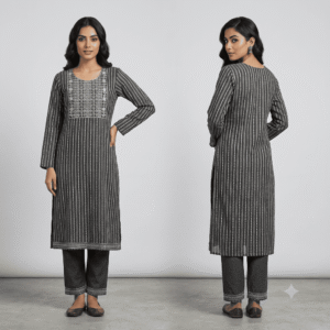 Women's Grey Striped Embroidered Cotton Kurti - Size L