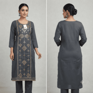 Women's Dark Grey Floral Embroidered Cotton Kurti - Size XL