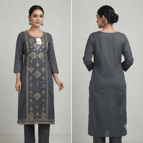 Women's Dark Grey Floral Embroidered Cotton Kurti - Size XL