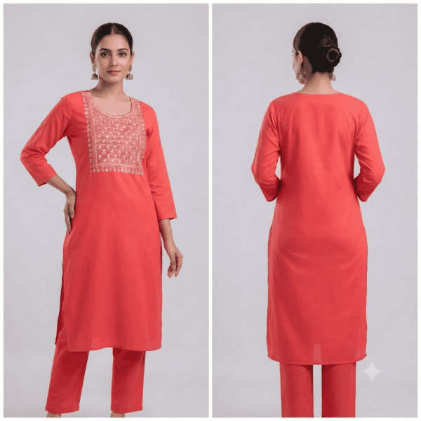 Women's Coral Pink Embroidered Cotton Kurti - Size 3XL