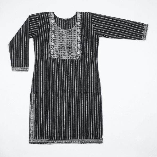Women's Grey Striped Embroidered Cotton Kurti - Size L