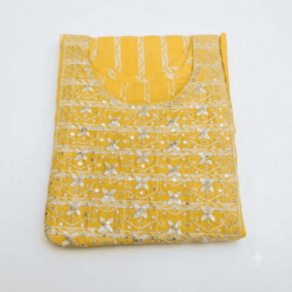 Women's Bright Yellow Striped Embroidered Cotton Kurti - Size L