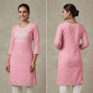Women's Light Pink Striped Embroidered Cotton Kurti - Size L