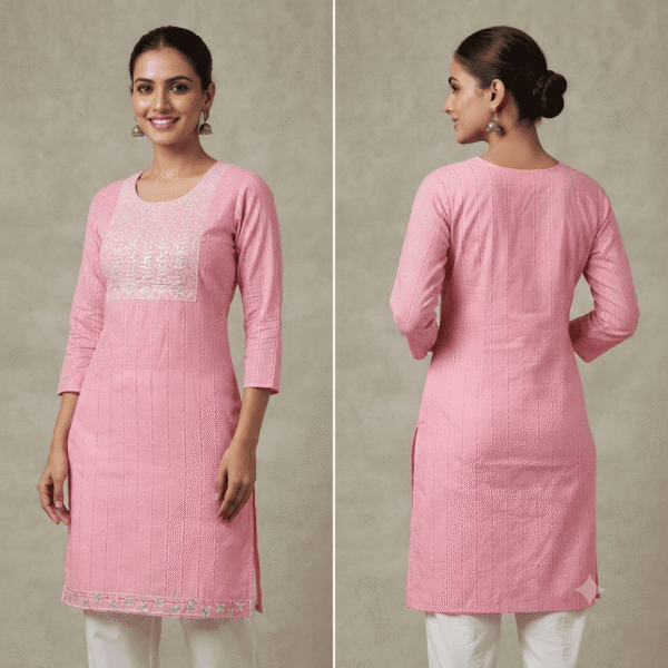 Women's Light Pink Striped Embroidered Cotton Kurti - Size L