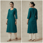 Women's Teal Blue Embroidered Cotton Kurti - Size L