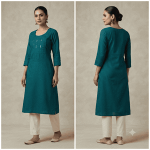 Women's Teal Blue Embroidered Cotton Kurti - Size L