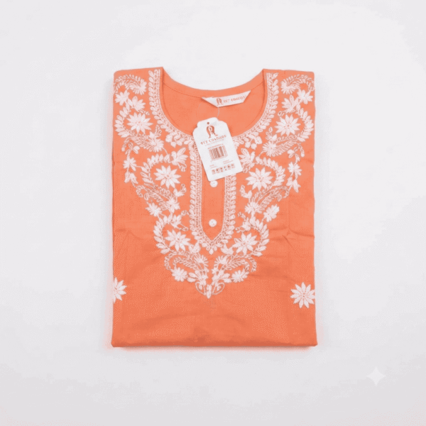 Women's Peach Floral Embroidered Cotton Kurti - Size XL