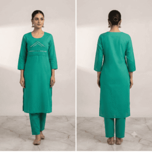 Women's Emerald Green Mirror-Embroidered Cotton Kurti - Size L