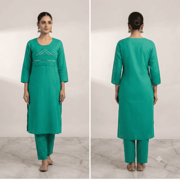 Women's Emerald Green Mirror-Embroidered Cotton Kurti - Size L