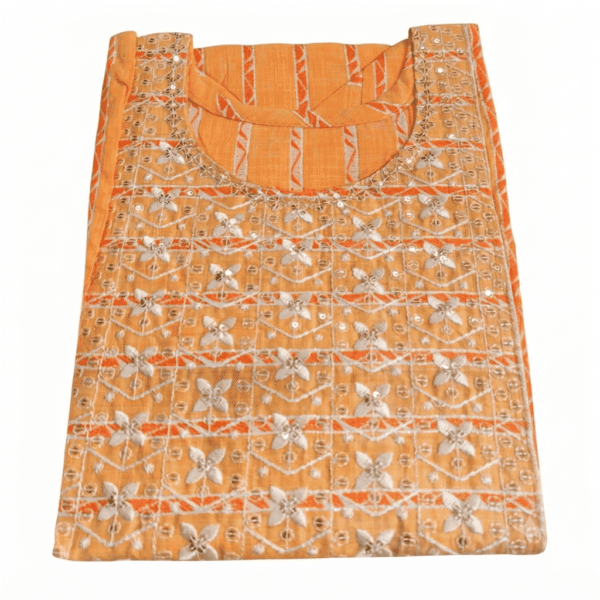 Women's Peach Striped Embroidered Cotton Kurti - Size L
