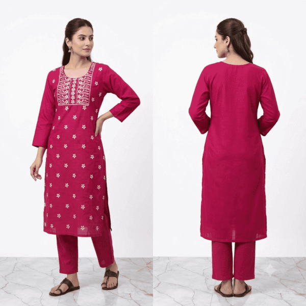 Women's Ranee Pink Floral Embroidered Cotton Kurti - Size XL