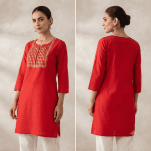 Women's Vibrant Red Gold-Embroidered Cotton Kurti - Size XL
