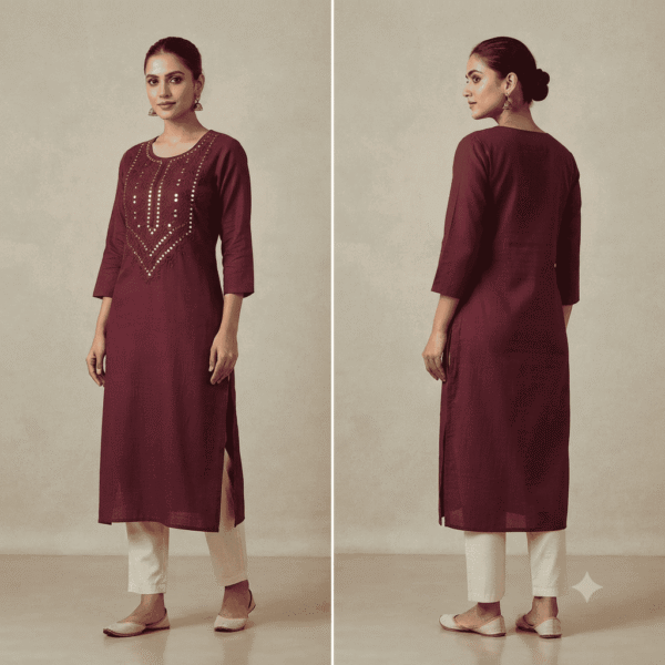 Women's Maroon Embroidered Cotton Kurti - Size L