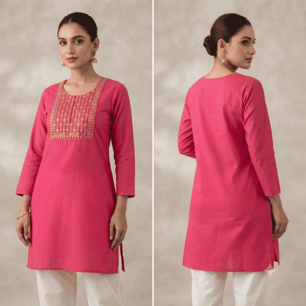 Women's Magenta Gold-Embroidered Cotton Kurti - Size XL