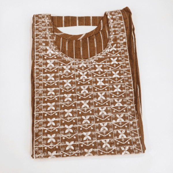 Women's Caramel Brown Striped Embroidered Cotton Kurti - Size L
