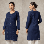 Women's Navy Blue Embroidered Cotton Kurti - Size L