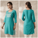 Women's Turquoise Blue Embroidered Cotton Kurti - Size 3XL